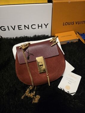 Authentic Chloè Maroon Suede and Leather Small Saddle Bag with Gold Hardware